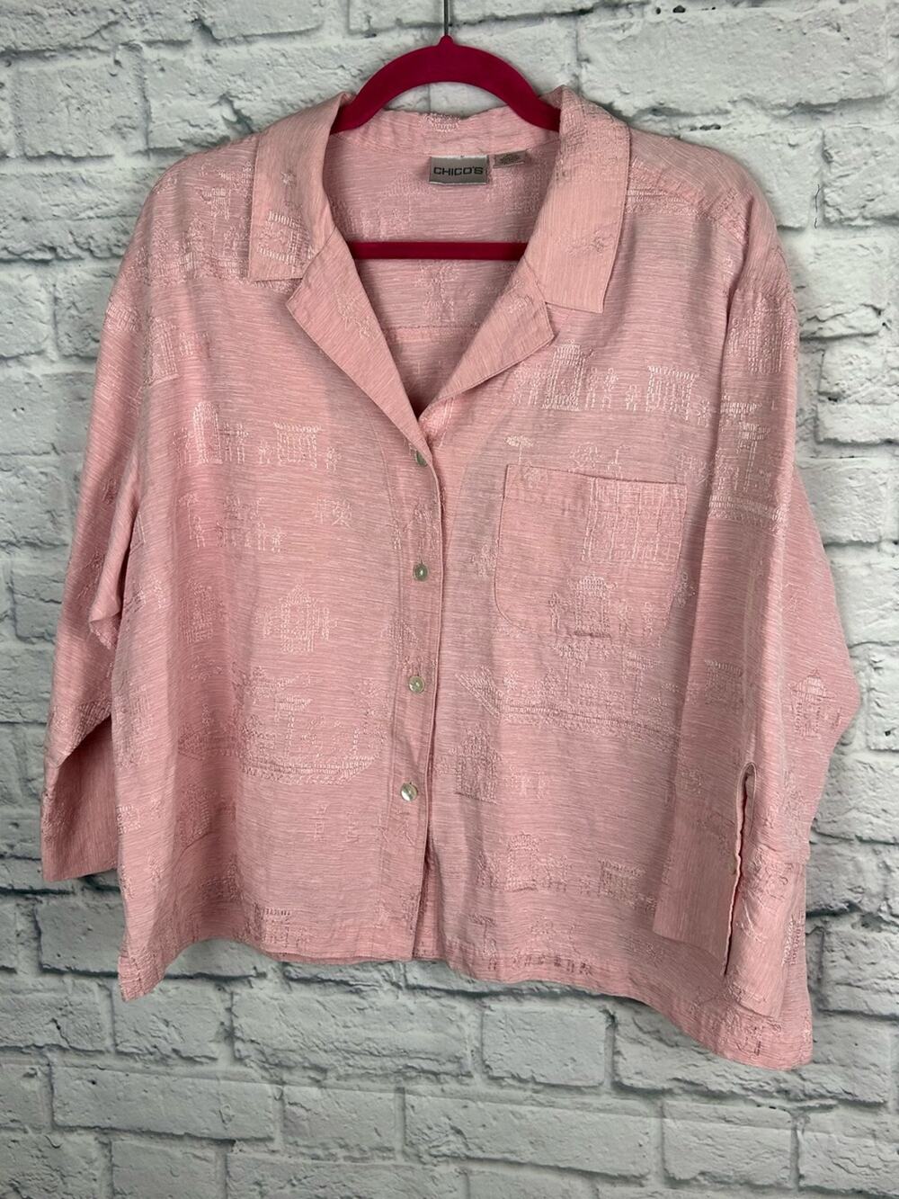 Chico’s Pink Linen Blend Embroidered Button Front Jacket Shirt Size 2 Large